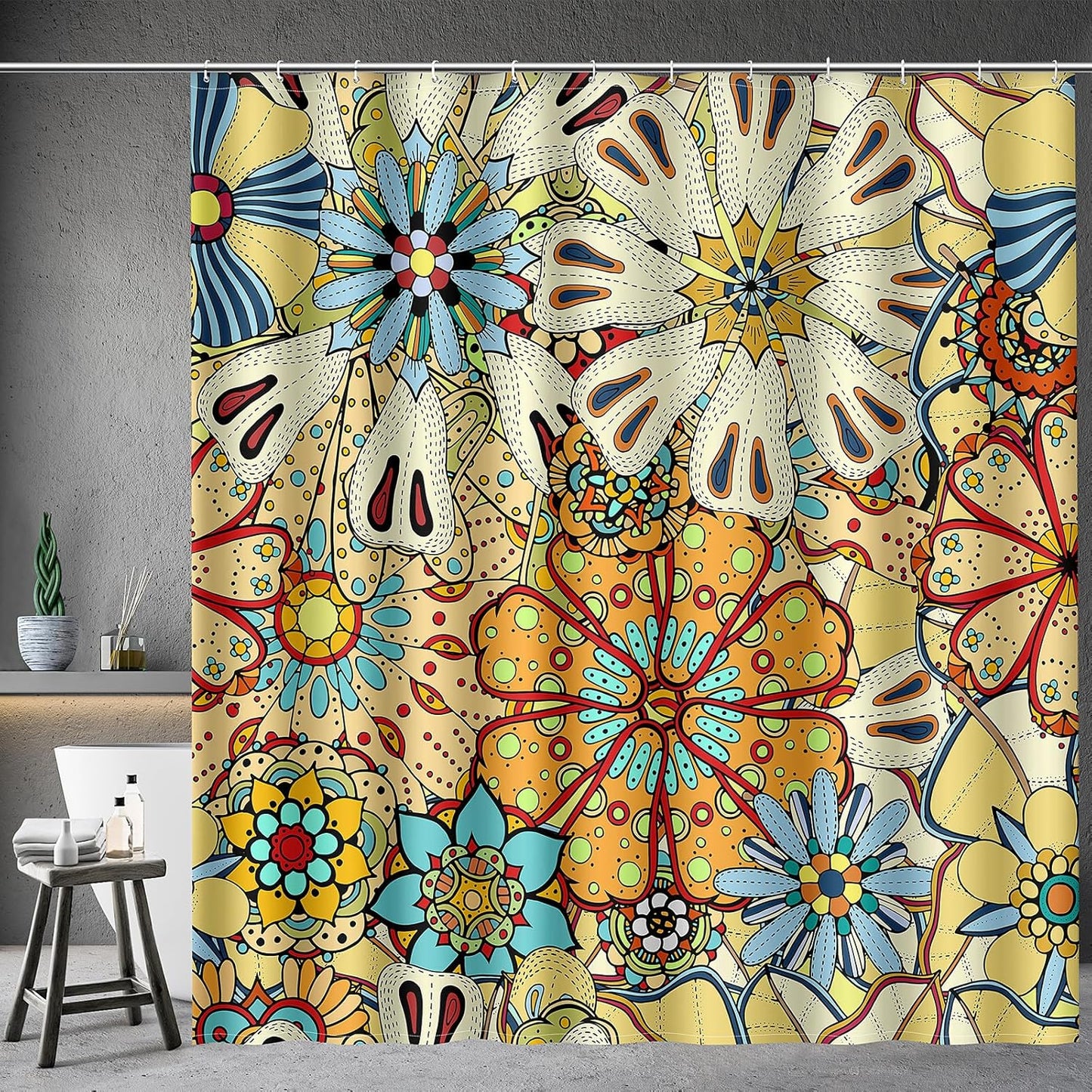 Boho Floral Mandala Shower Curtain Set - Colorful Gypsy Vibes for Stylish Bathroom!