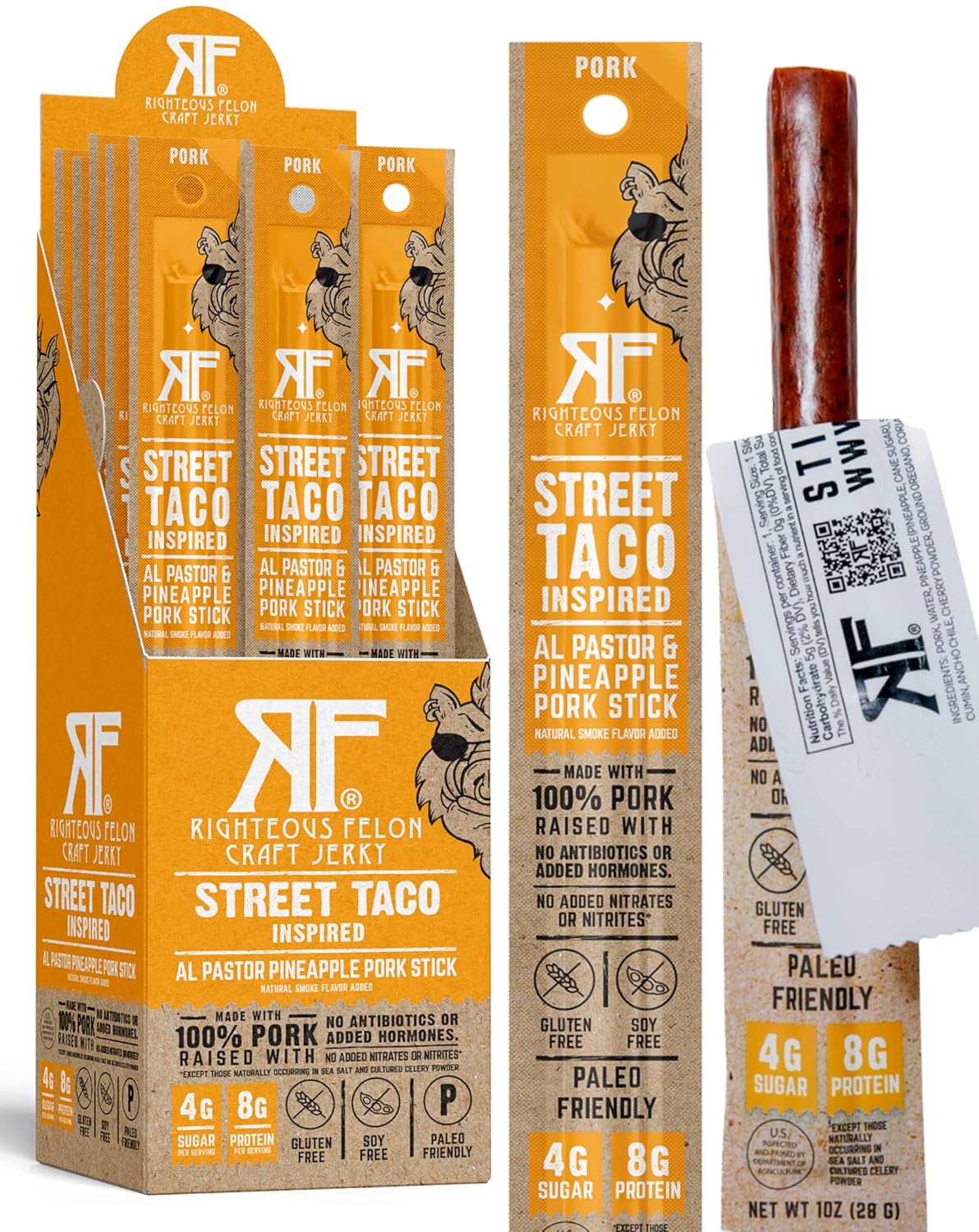 Righteous Felon Meat Sticks - Street Taco Flavor, 24 Pack