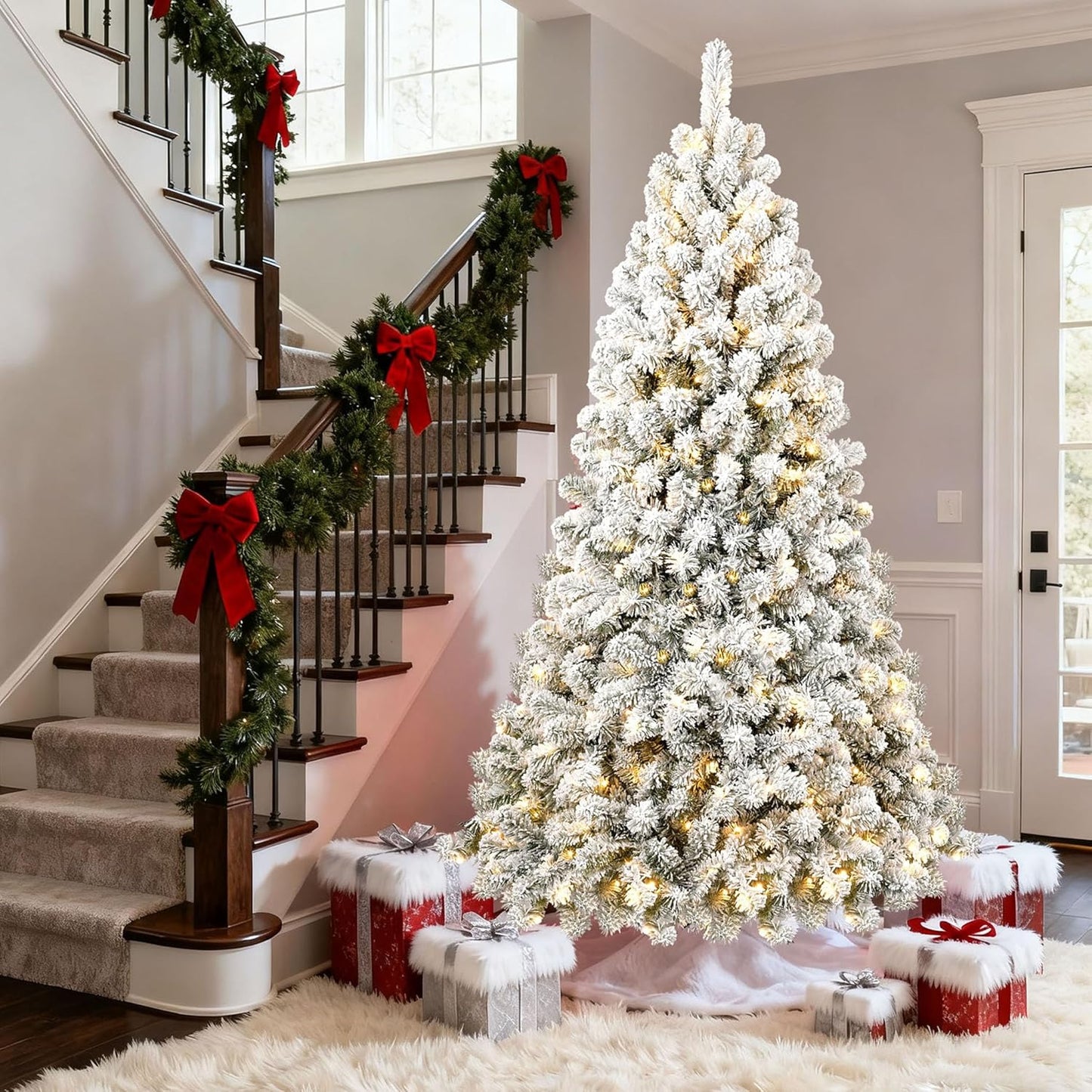 8ft Pre-lit Artificial Christmas Tree with Snow Flocked Design