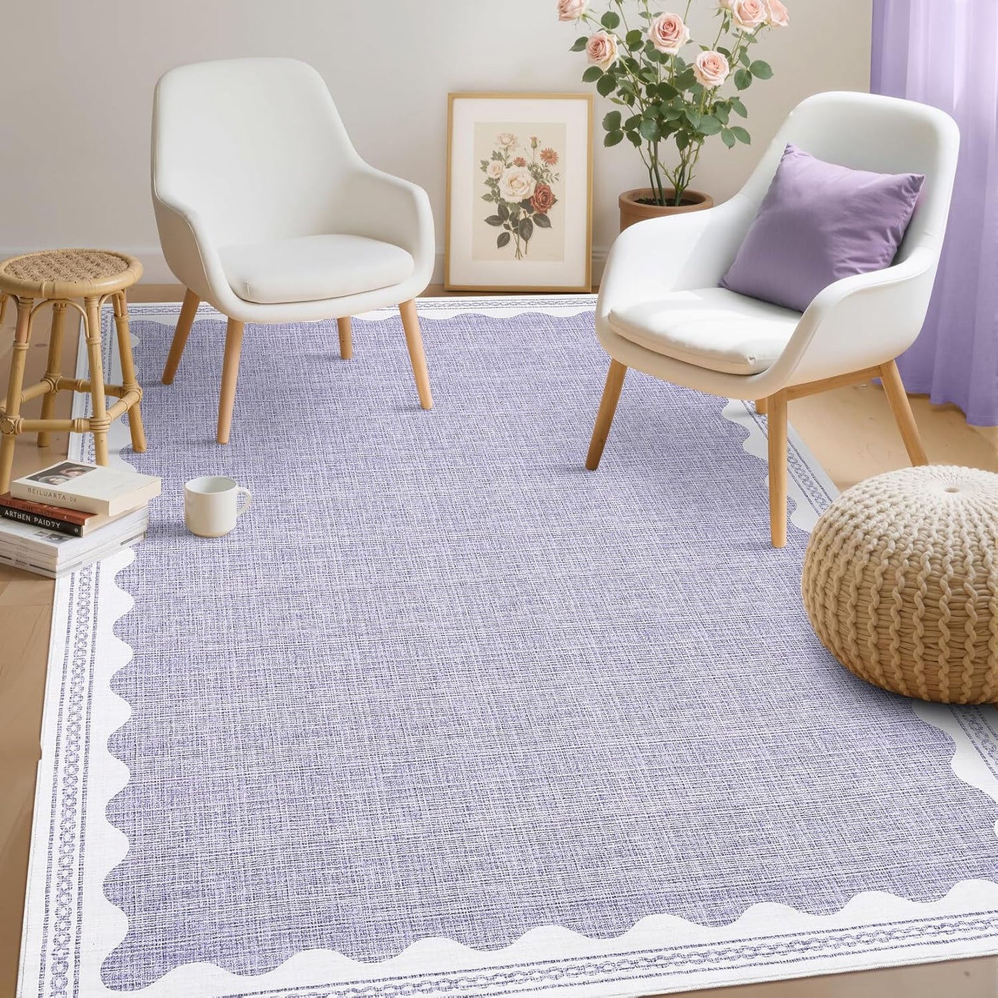 Scalloped 4x6 Rug Non-Slip Washable Carpet for Modern Spaces