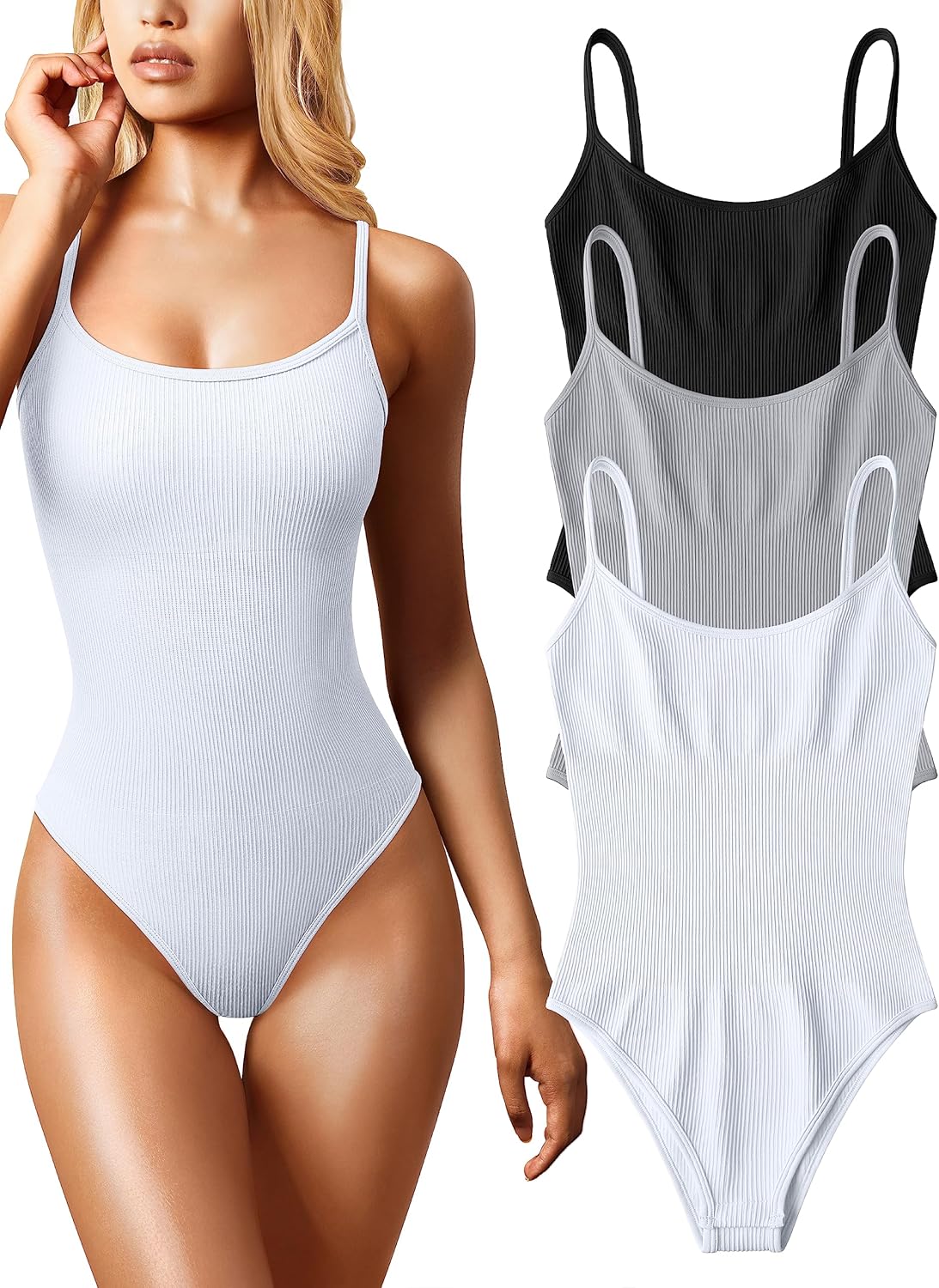 OQQ Women's 3 Piece Bodysuits Sexy Ribbed Sleeveless Tops