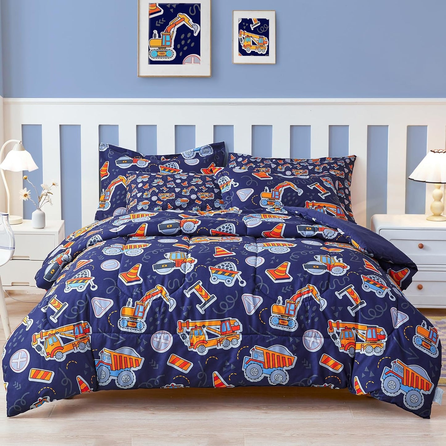 Viviland Boys Full Comforter Set with Sheet Set - Navy Tractor