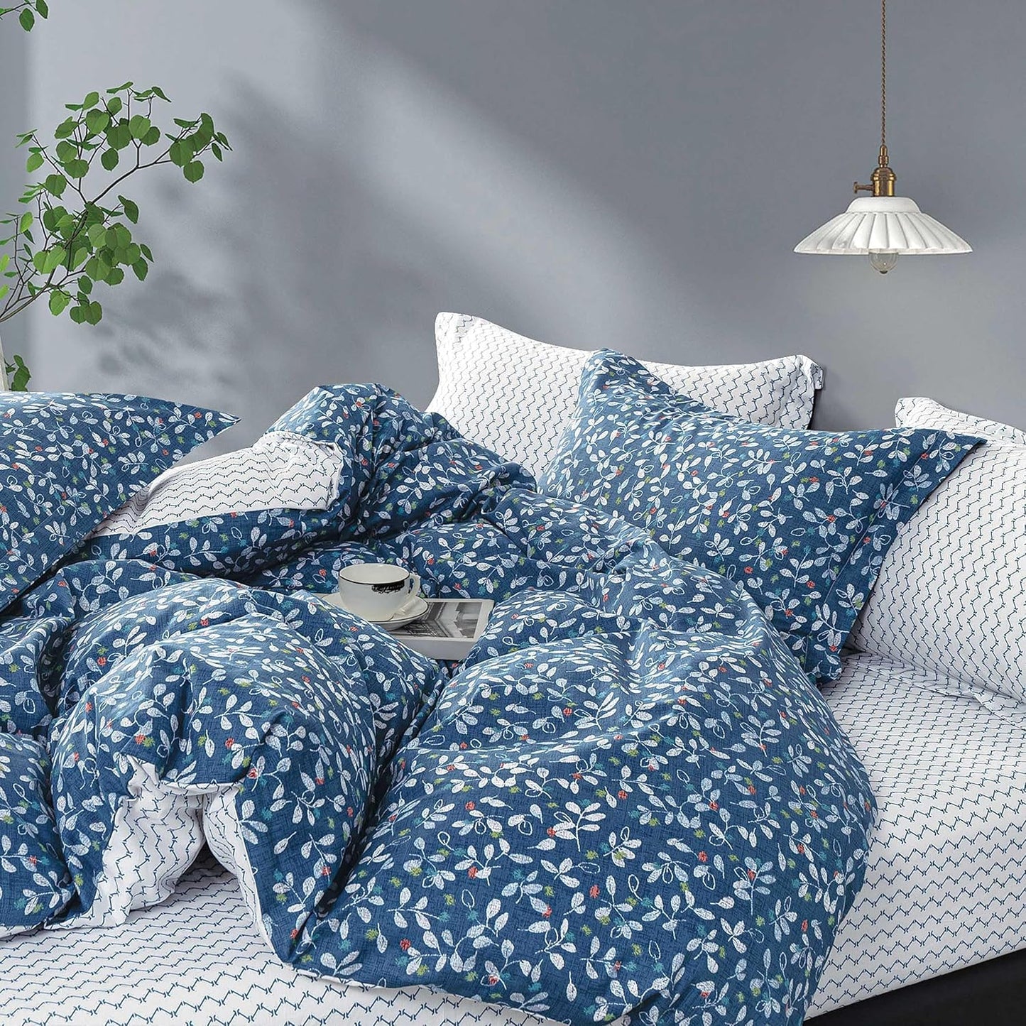 Blue Floral Cotton Comforter King Size Set with Reversible Design