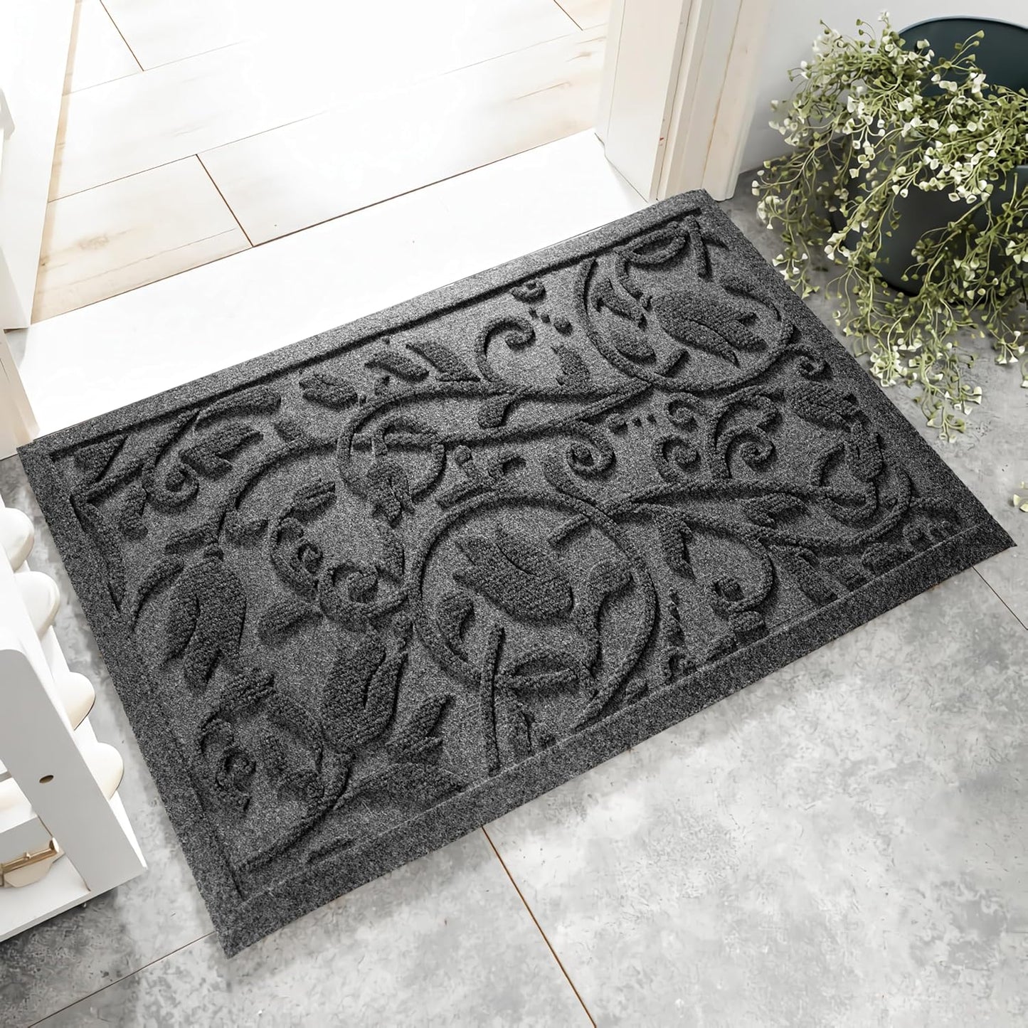 Boho Grey Floral Leaves Doormat for Indoor and Outdoor Use