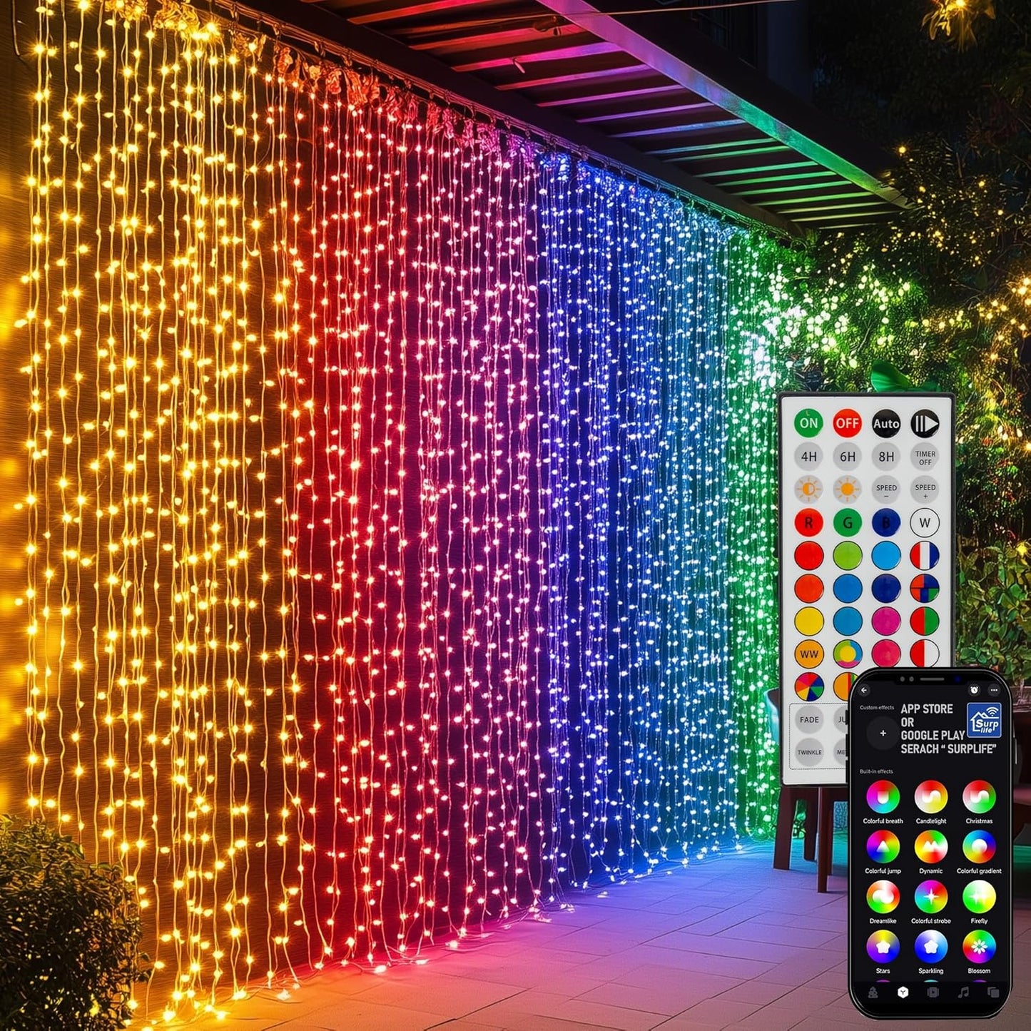 RGB LED Curtain Lights, Remote Controlled, Waterproof