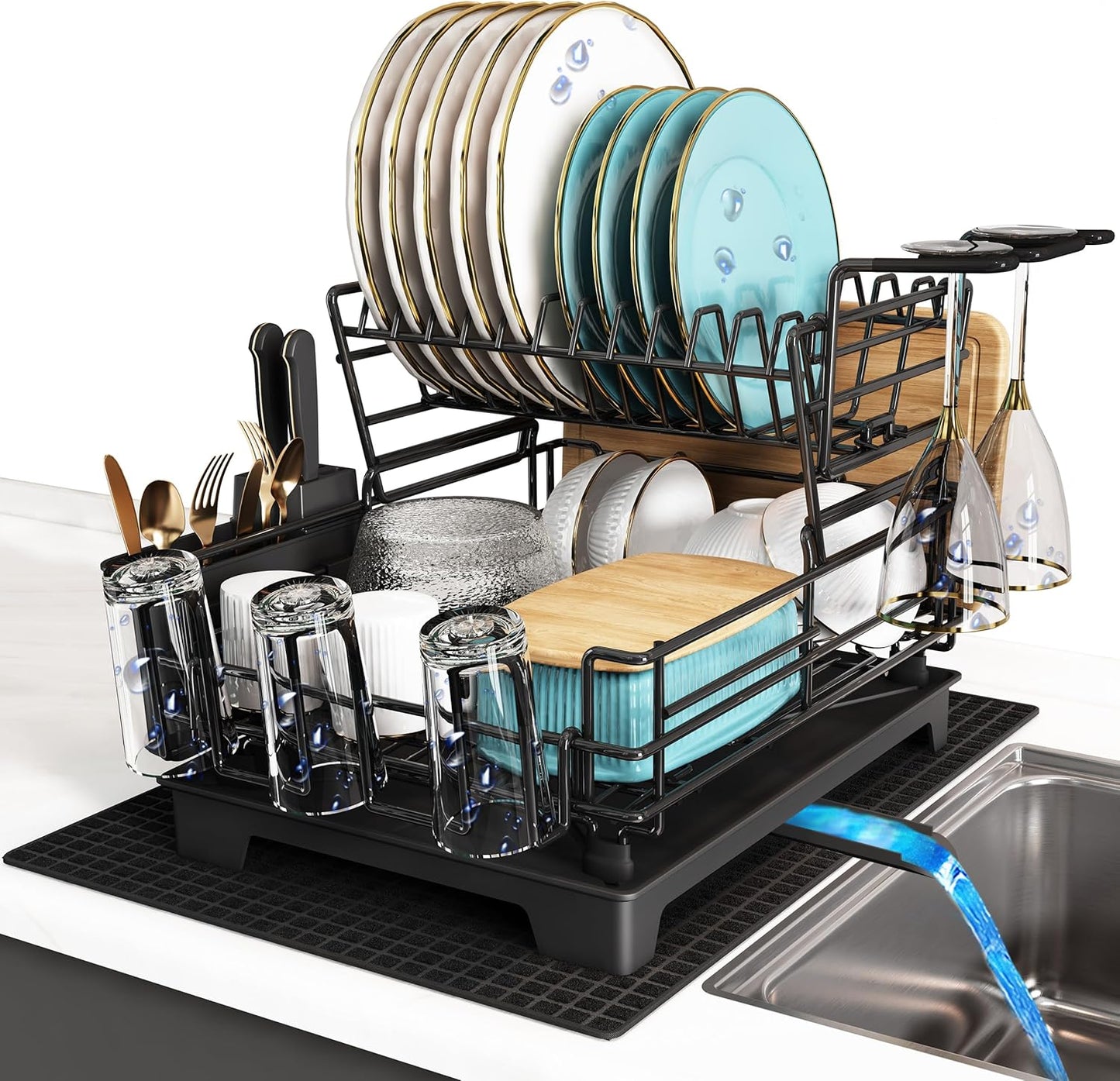 Compact 2 Tier Black Stainless Steel Dish Drainer Rack for Kitchen