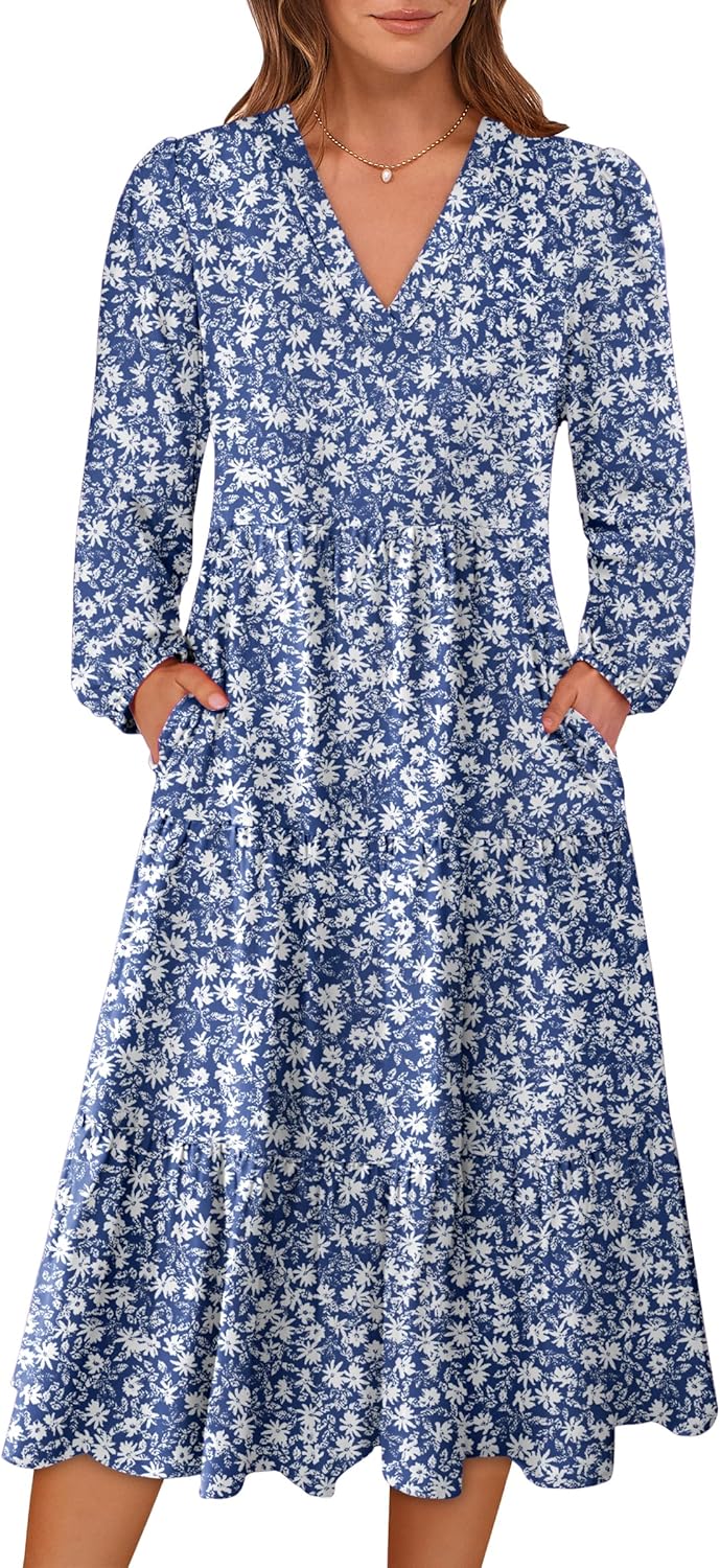 ANRABESS Women's Long Lantern Sleeve Floral Midi Dress for Fall