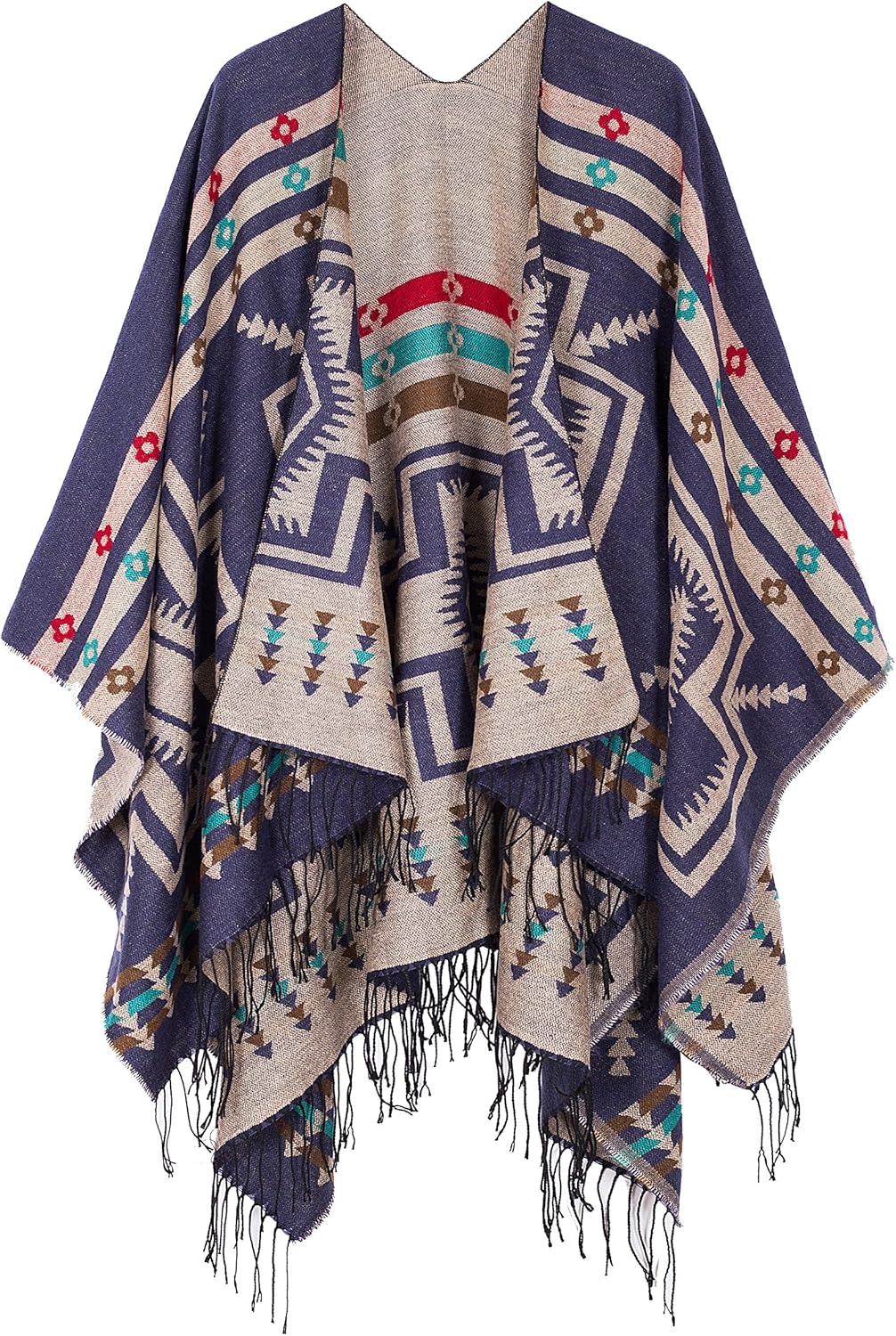 Urban CoCo Women's Printed Tassel Open Front Poncho Cape Wrap