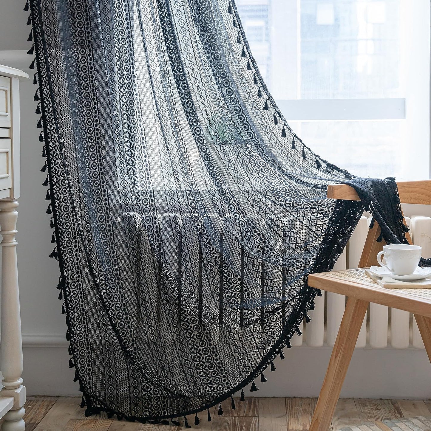 Handmade Black Boho Lace Curtain, Vintage Farmhouse Drape, 59x96 by Sutuo Home