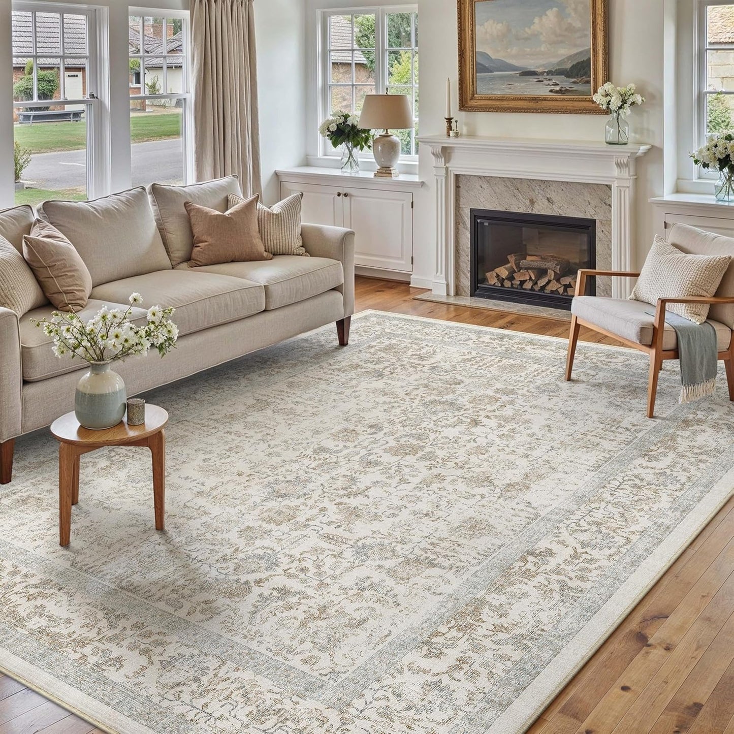 Taupe Area Rug 5x7 Vintage Machine Washable Non Slip Carpet