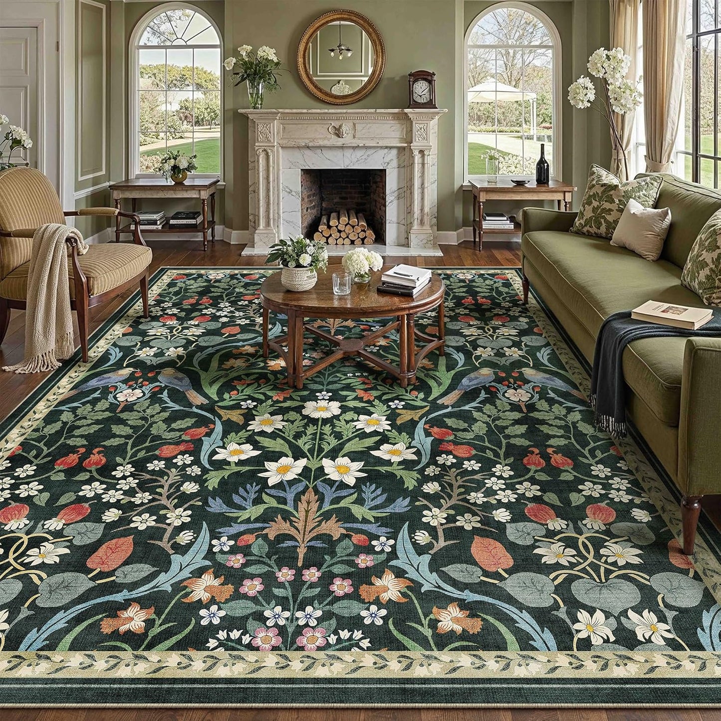 8x10 Washable Dark Green Floral Area Rug for Living Room