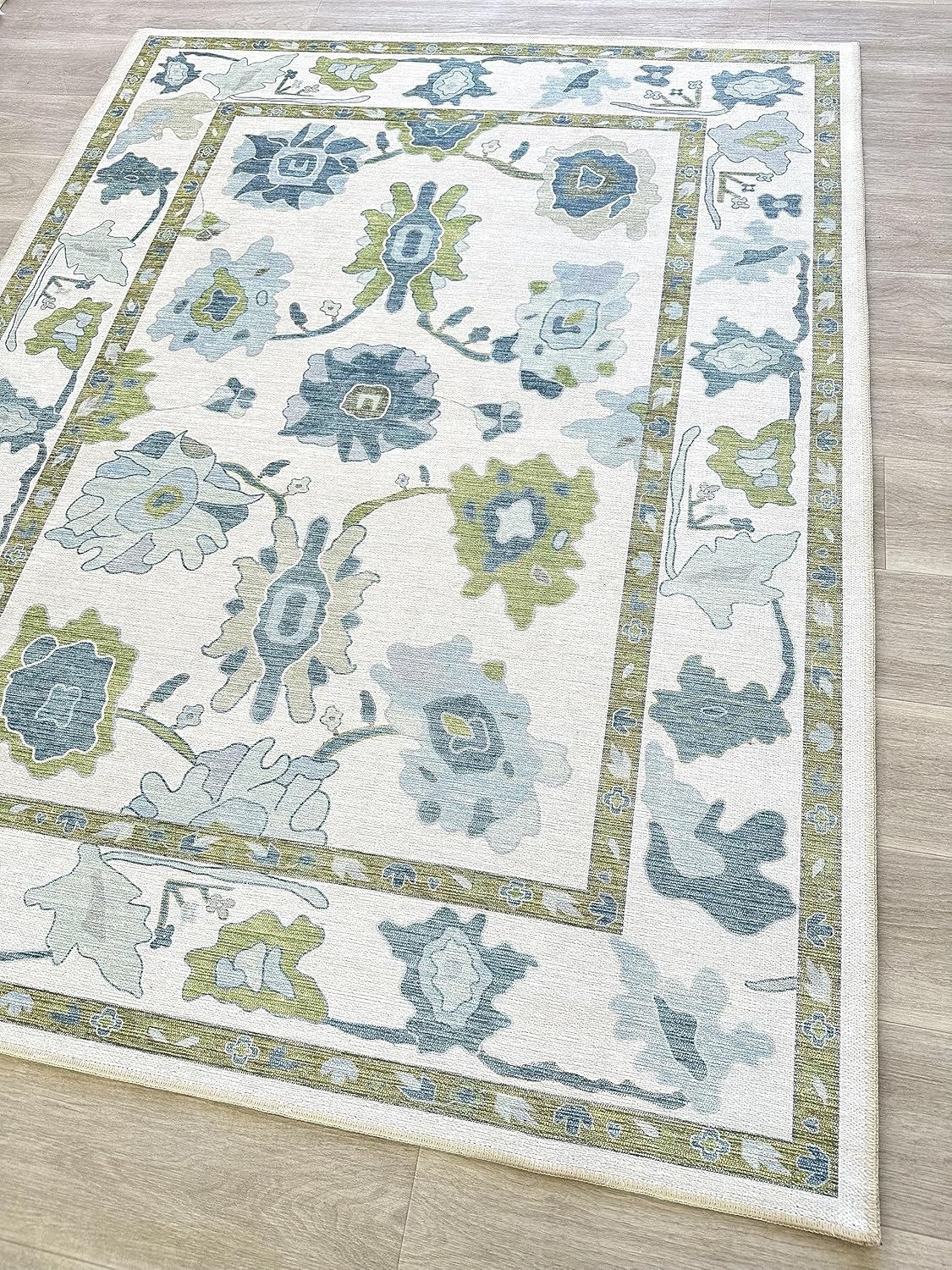 Green Oushak Rug - Modern Vintage Floral Area Rug for Home