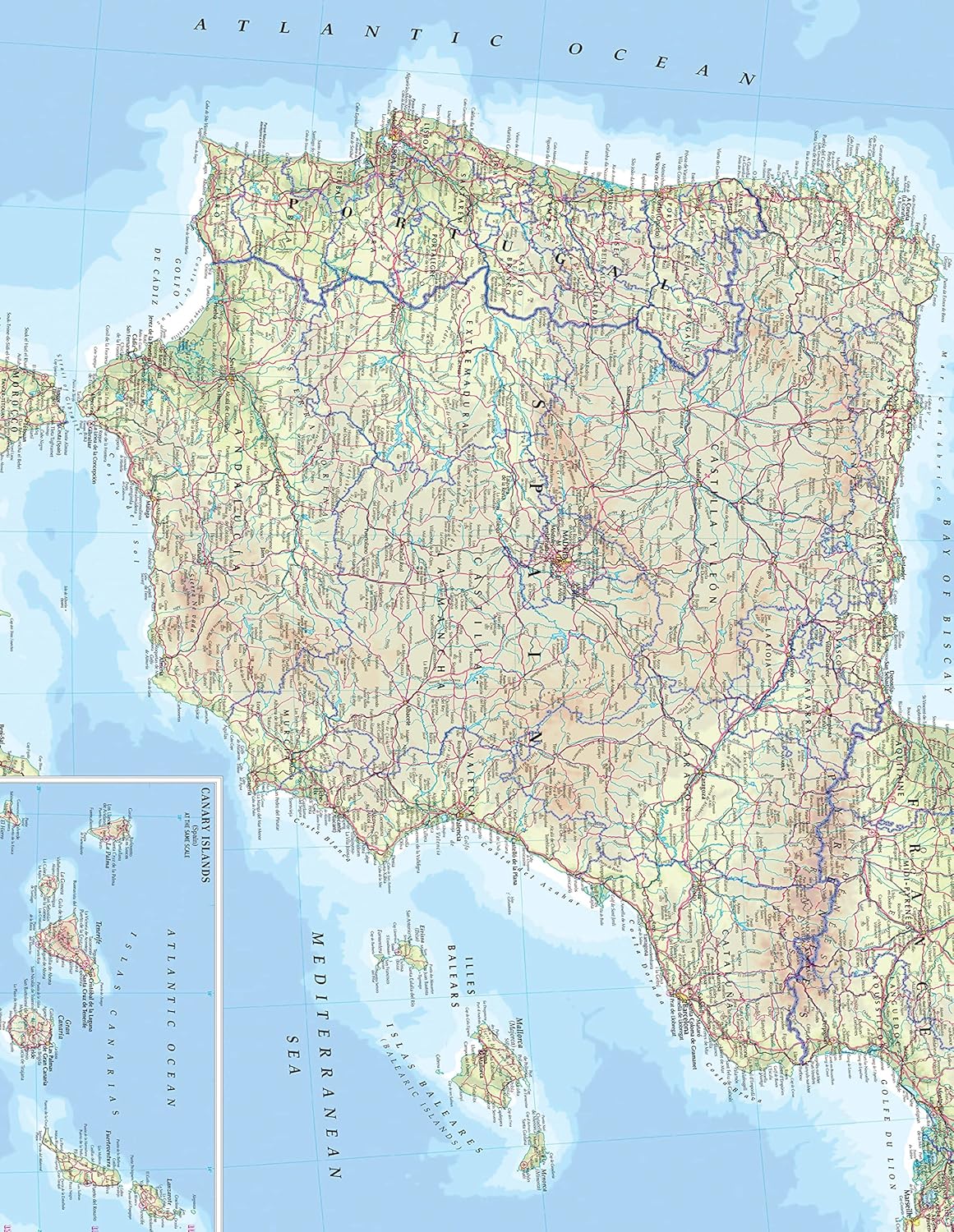 Spain & Portugal Map: Detailed Cities & Airports - 24x31 Laminated