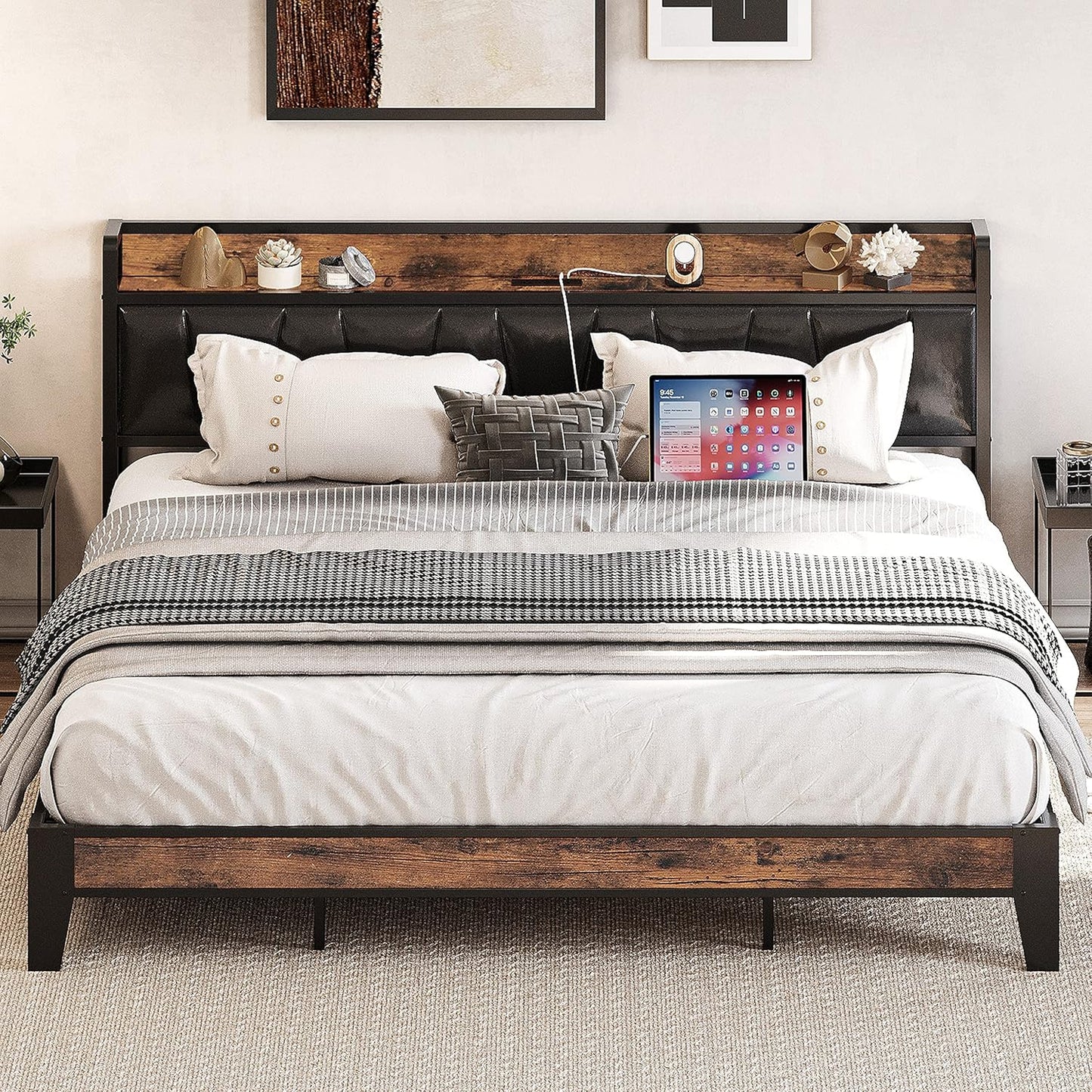 LIKIMIO King Bed Frame with Storage Headboard and Charging Station