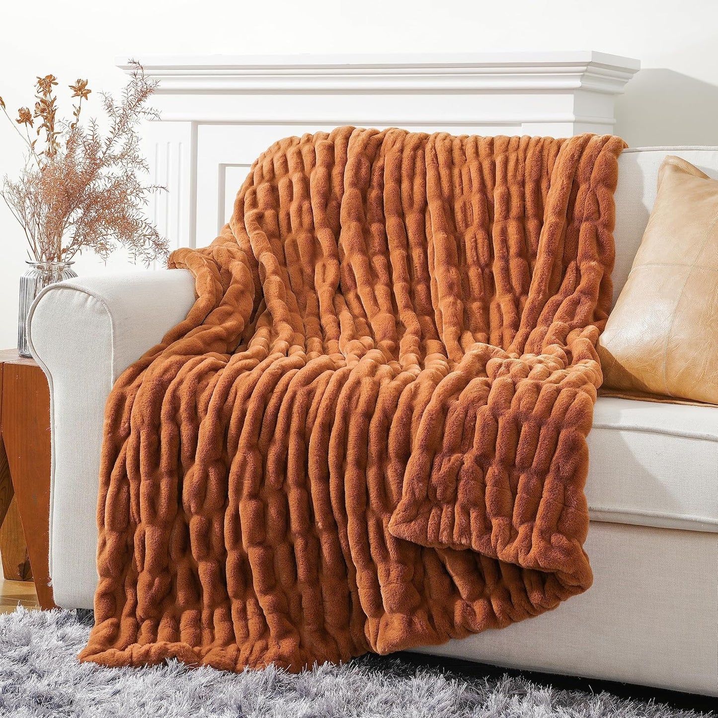 Burnt Orange Faux Fur Throw Blanket for Couch and Bed Use