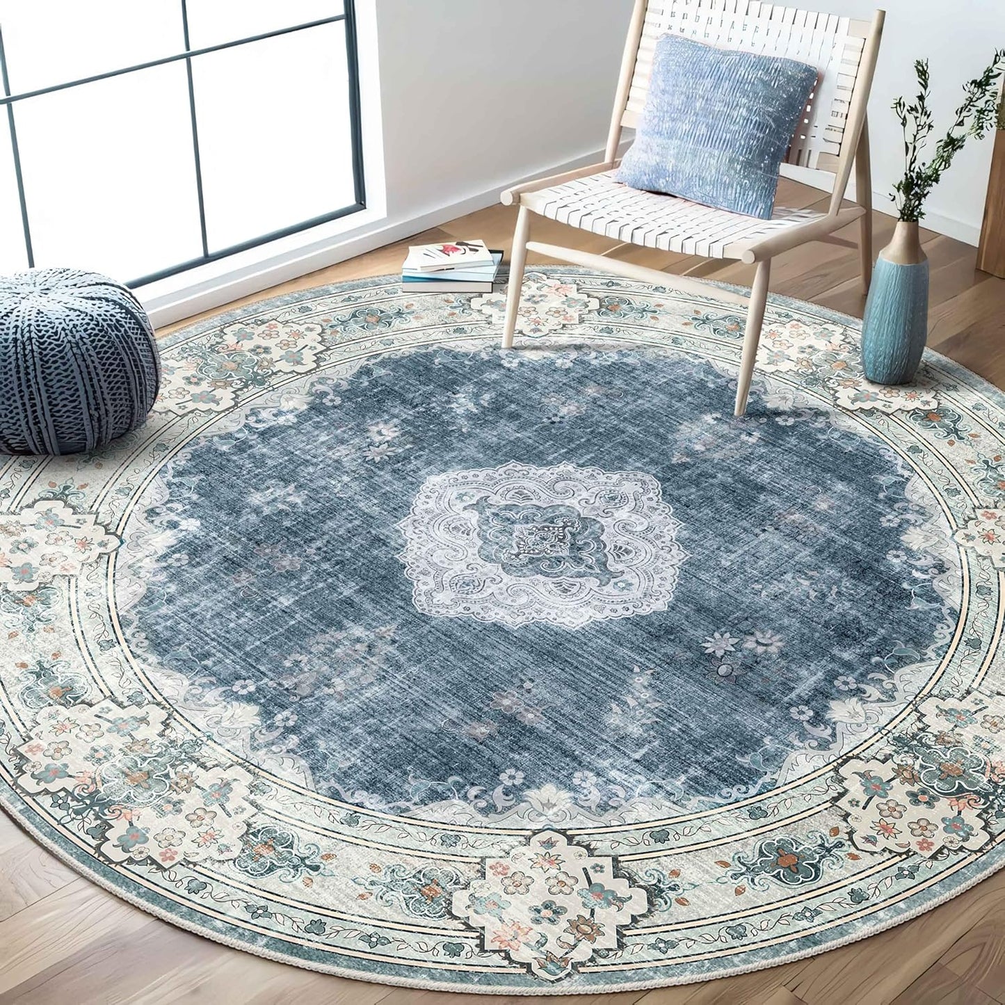 MUJOO Blue Round Rug 6ft - Stylish Non-Slip Area Rug for Home
