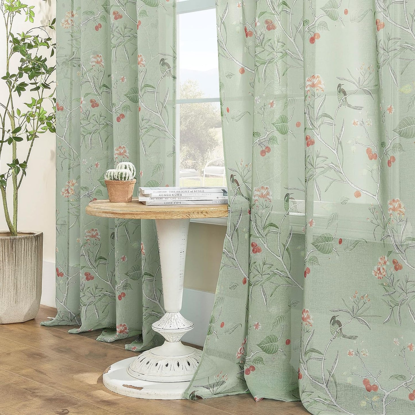 Sage Green Bird Print Curtains - 84 2 Panels Set