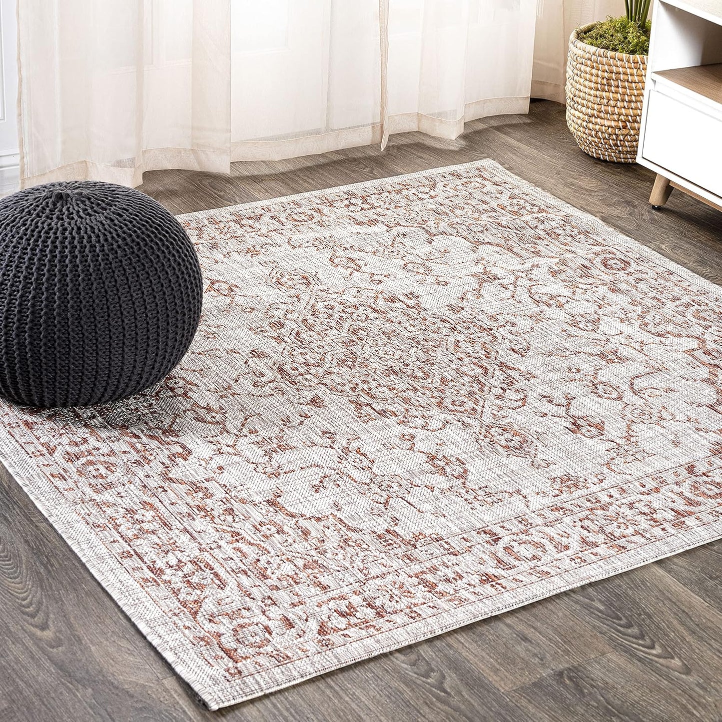 Boho Medallion Indoor Outdoor Square Area Rug 5X5 Red/Taupe