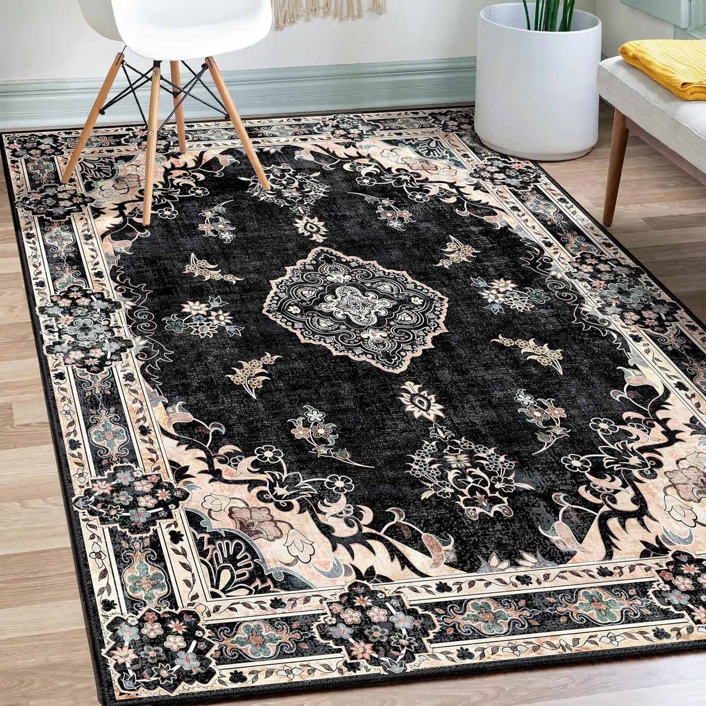 MUJOO Black Rug 3ftx5ft Washable Boho Area Rug for Home