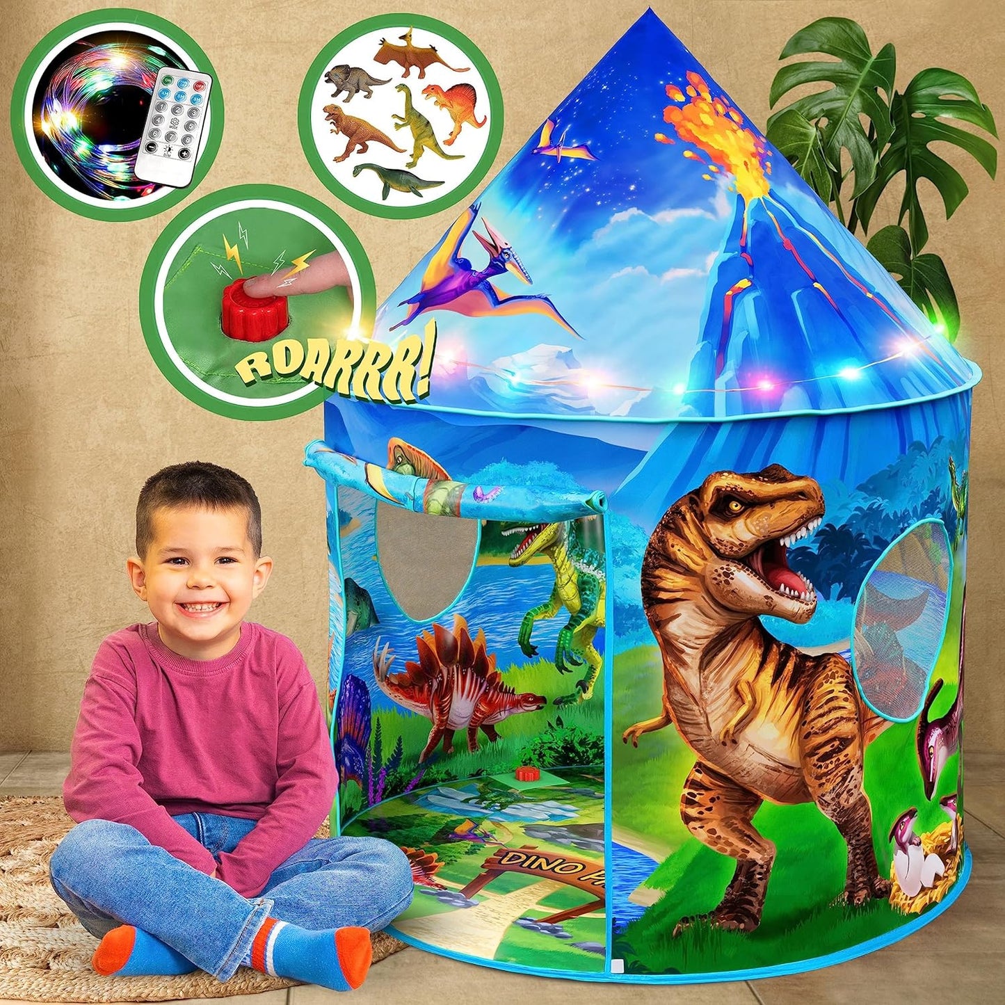 Dino Paradise Play Tent with Roar Button and LED Lights