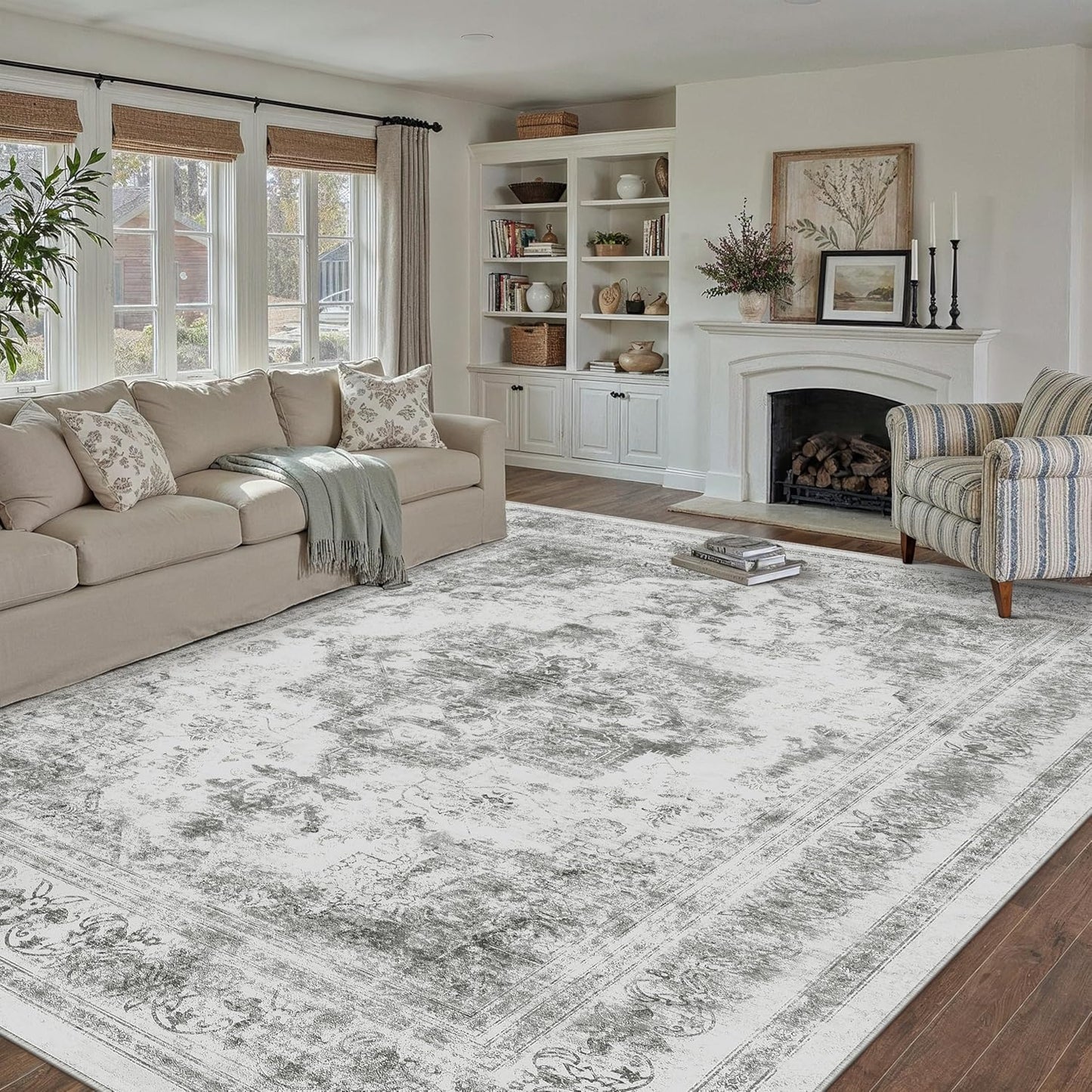 Washable Rug 9x12 Area Rug for Living Room Gray Vintage Style