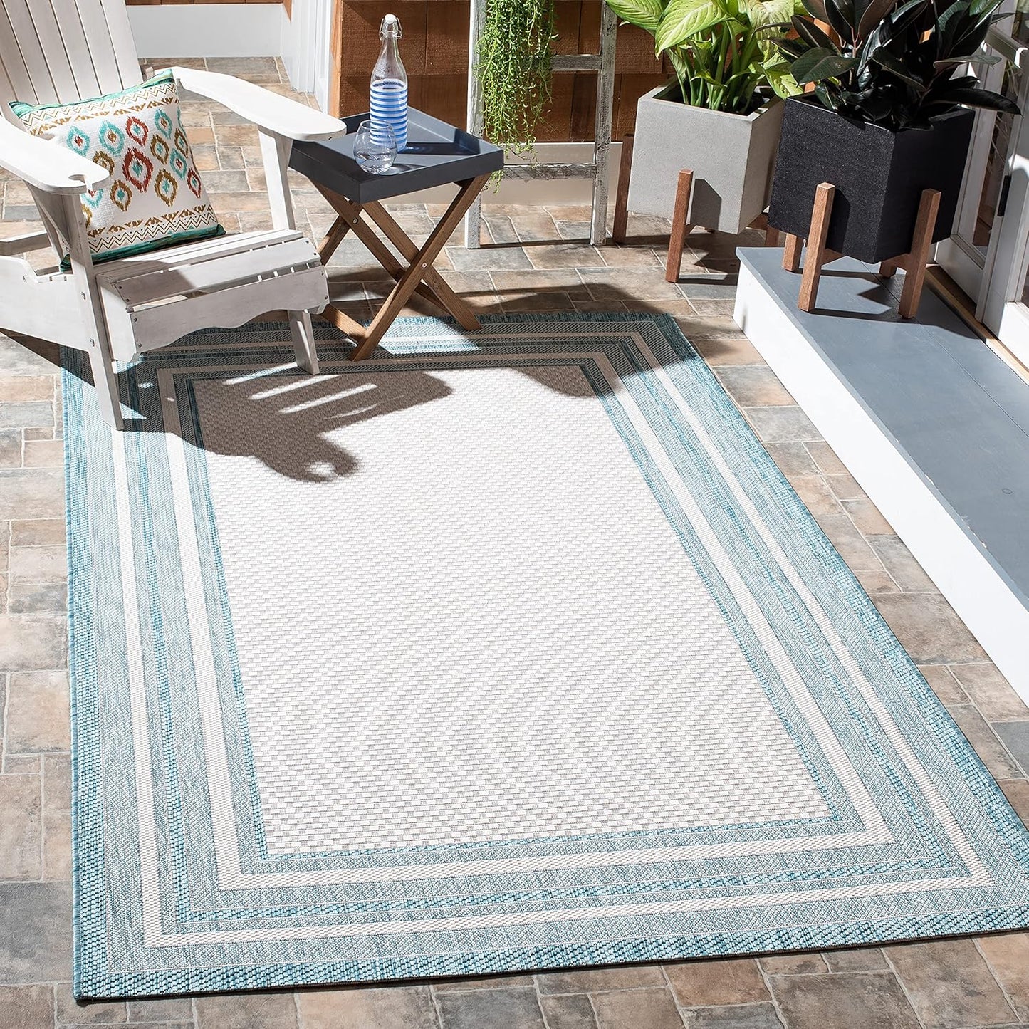 SAFAVIEH Courtyard Collection 9ft x 12ft Ivory Aqua Area Rug