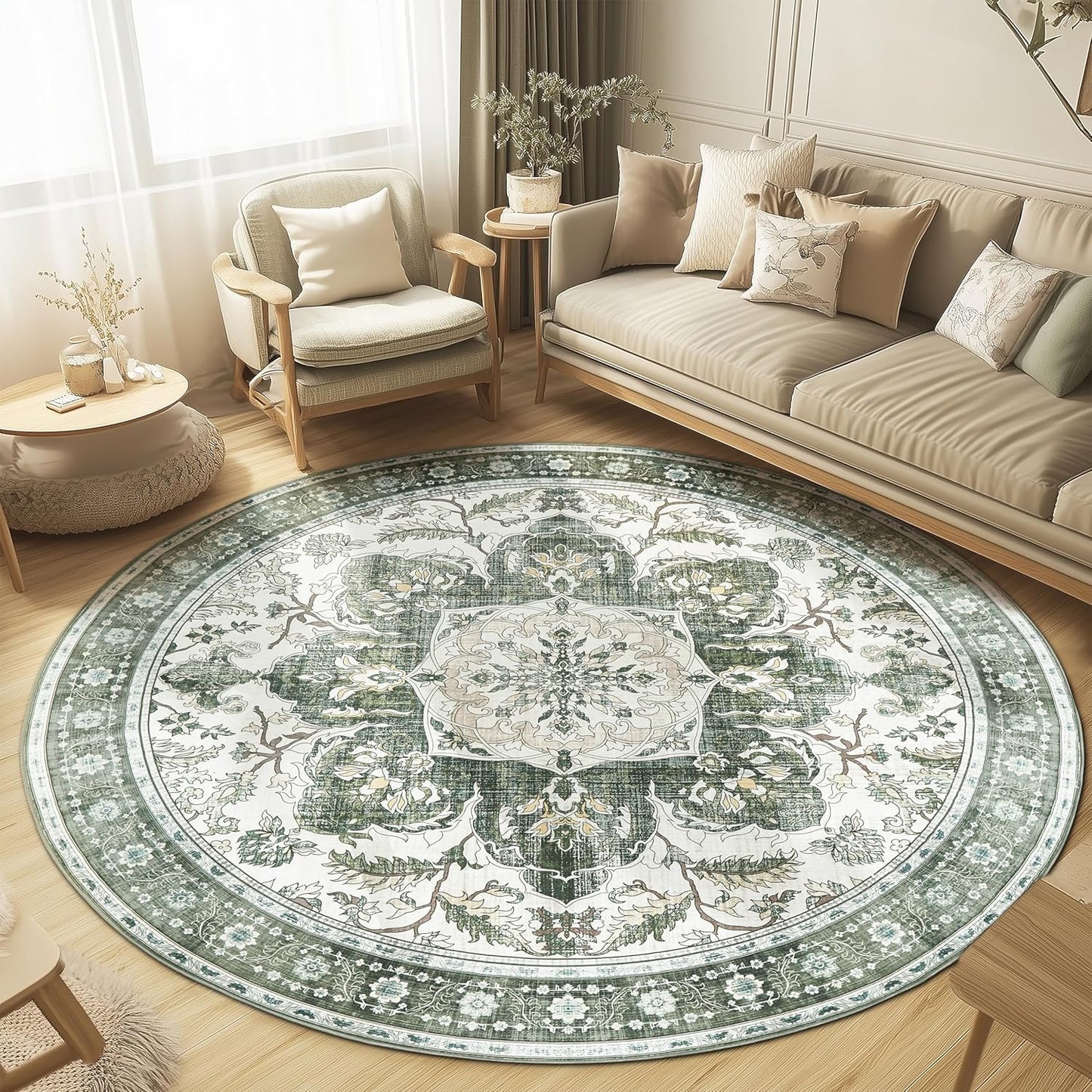 Round Area Rug 6ft Vintage Boho Washable Indoor Carpet