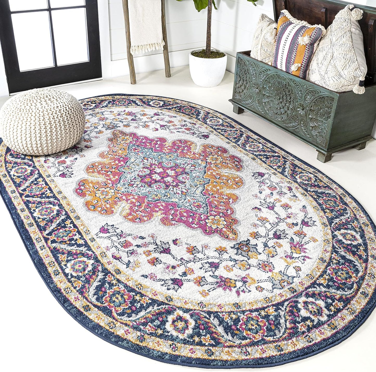 Boho Vintage Blue Multi 3x5 Oval Area Rug for High Traffic