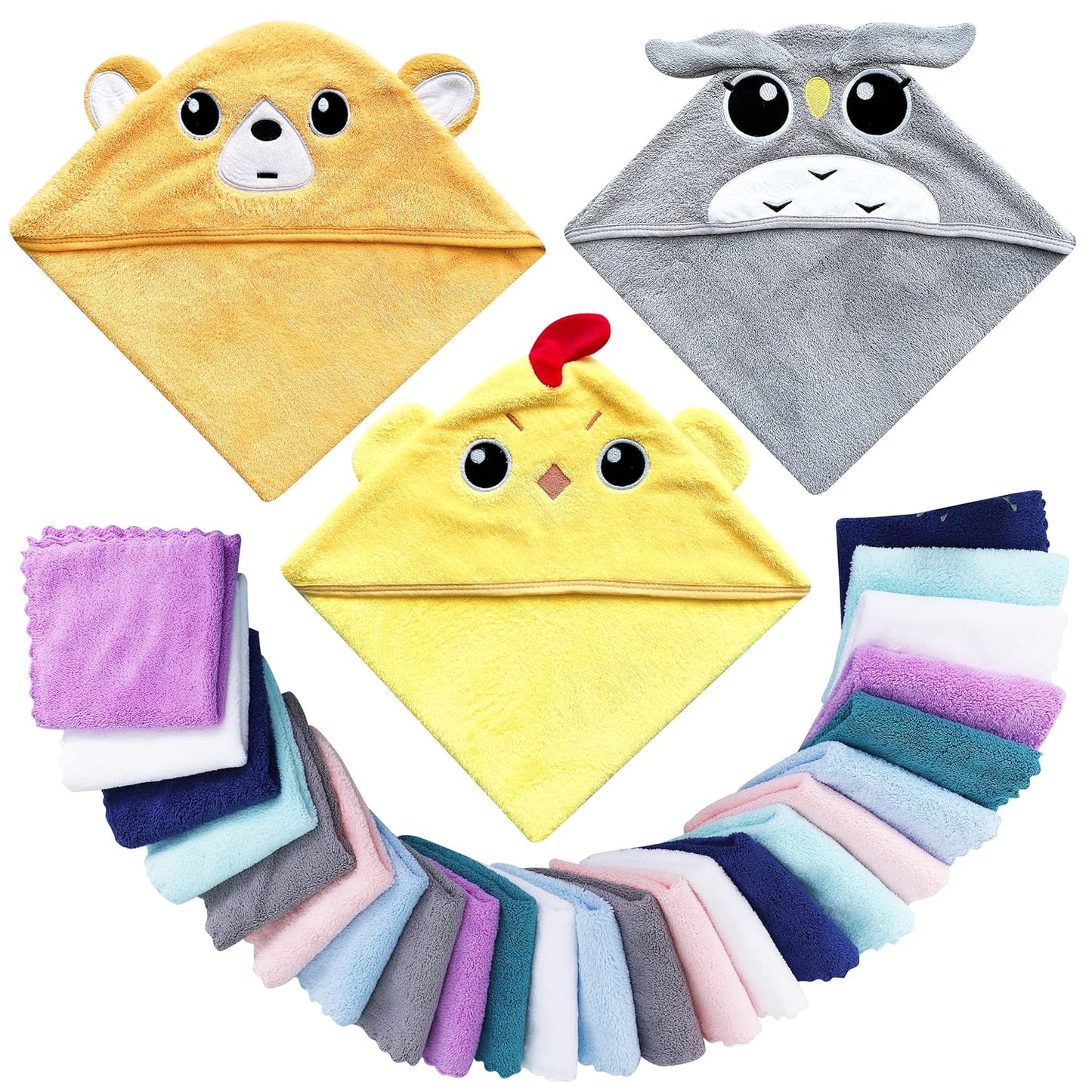 3-in-1 Baby Bath Set - Soft Hooded Towel & Washcloths for Delicate Skin - Animal Designs - Lovely Care