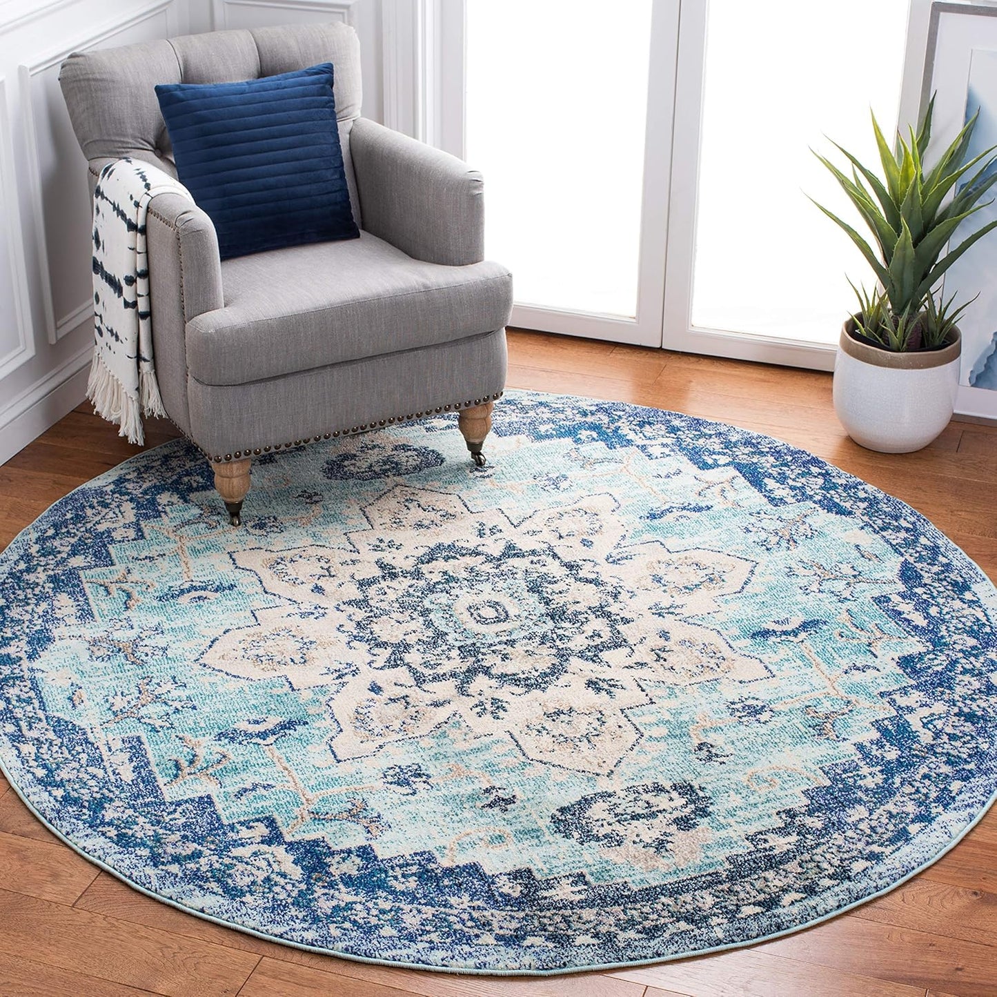 Boho Chic Medallion Area Rug - 8ft Round, Teal & Navy Design