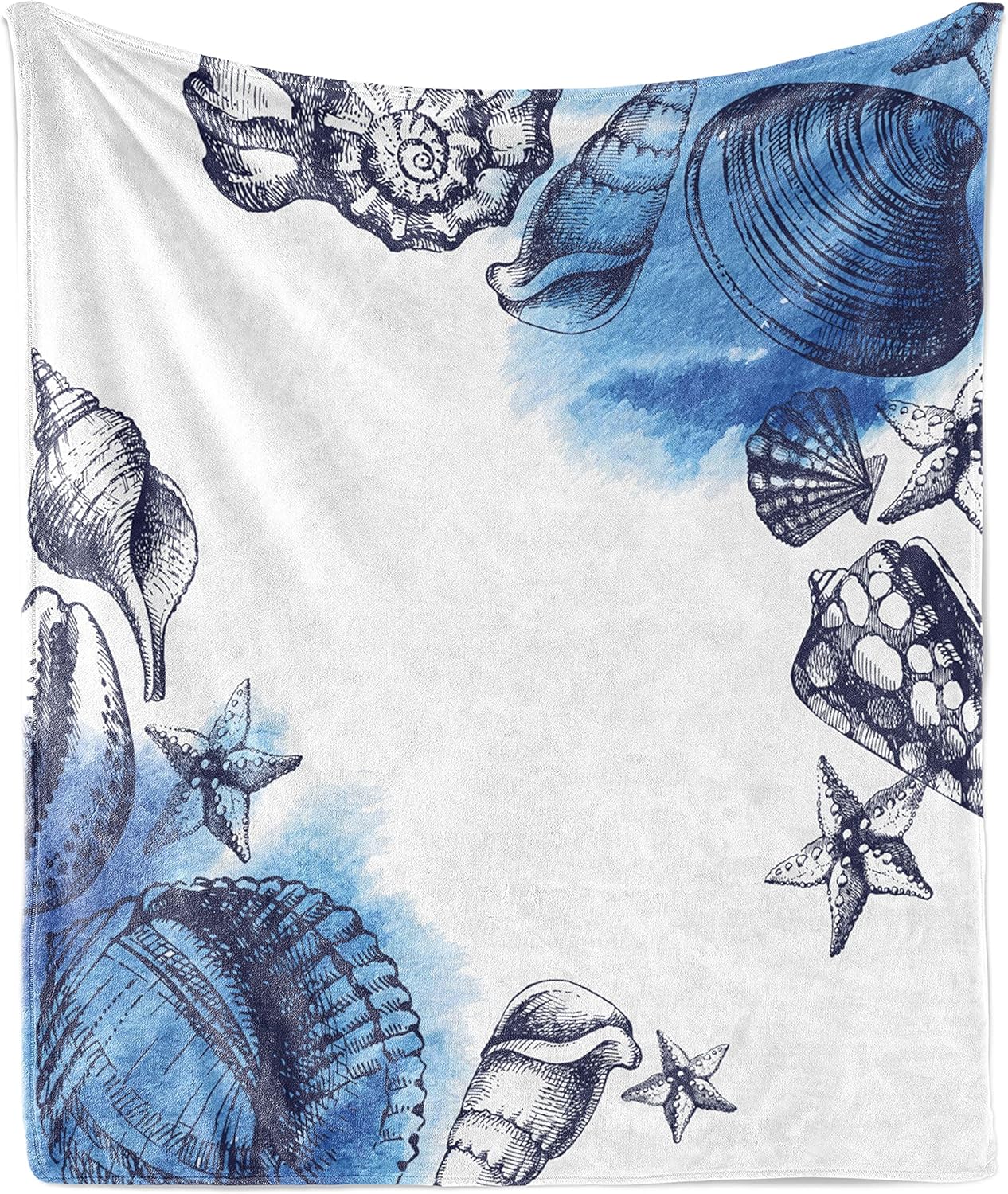 Cozy Ocean Seashell Blanket, Soft Flannel Fleece, 50 x 60, Navy White