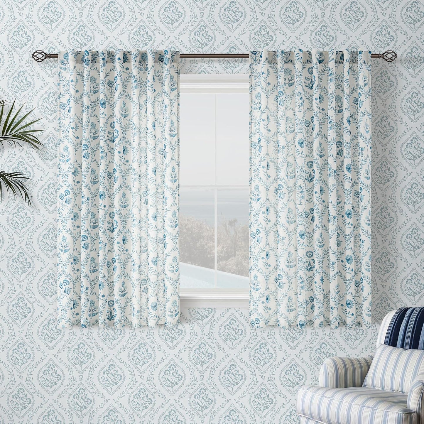 Blue Floral Short Curtains for Kitchen Dining Room Decor
