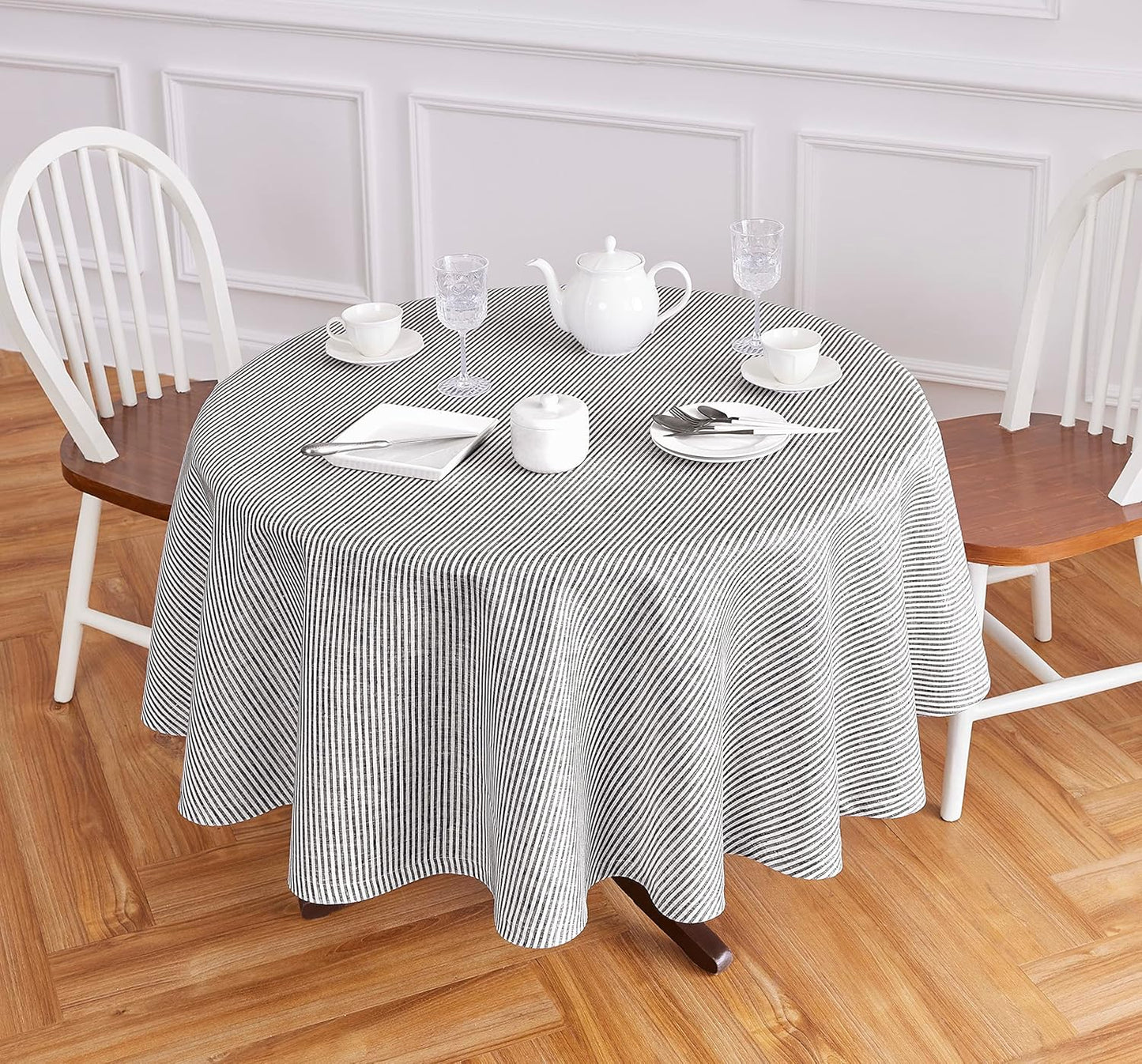 Elegant 70 Inch Round Tablecloth in Black and White Linen