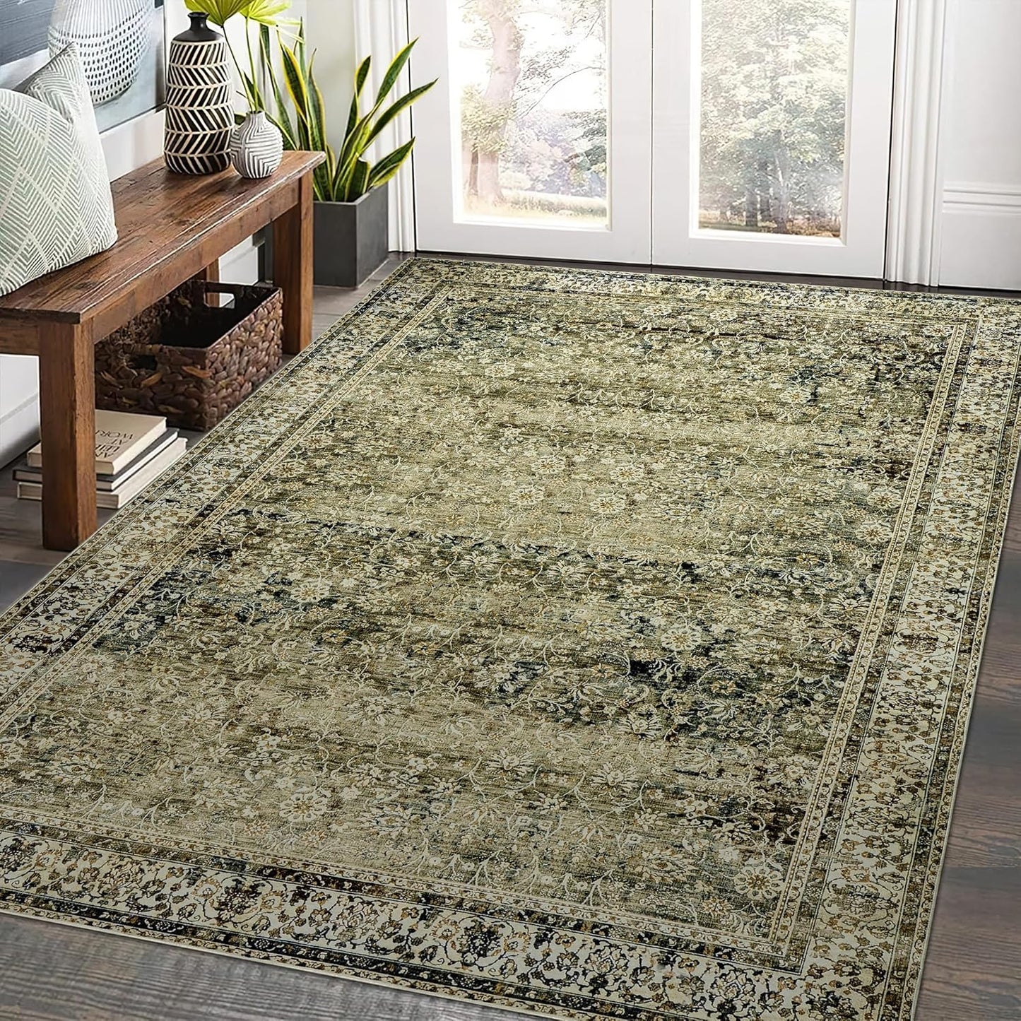 Olive Green Boho Area Rug 5x7 for Living Room and Bedroom