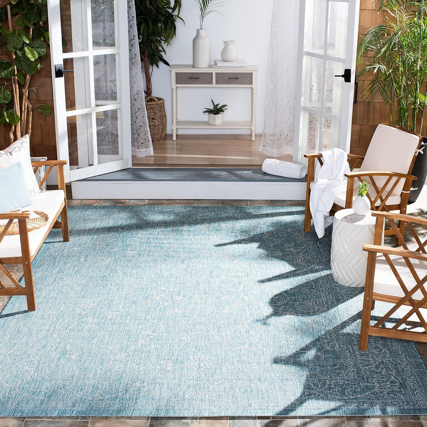 SAFAVIEH Courtyard Collection 8ft x 11ft Aqua/Grey Area Mat