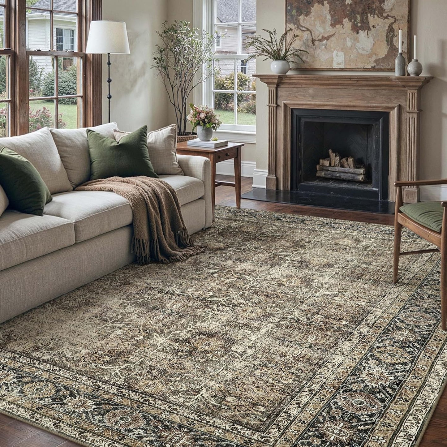 Vintage Area Rug 8x10 Brown Washable Non Slip Carpet for Home