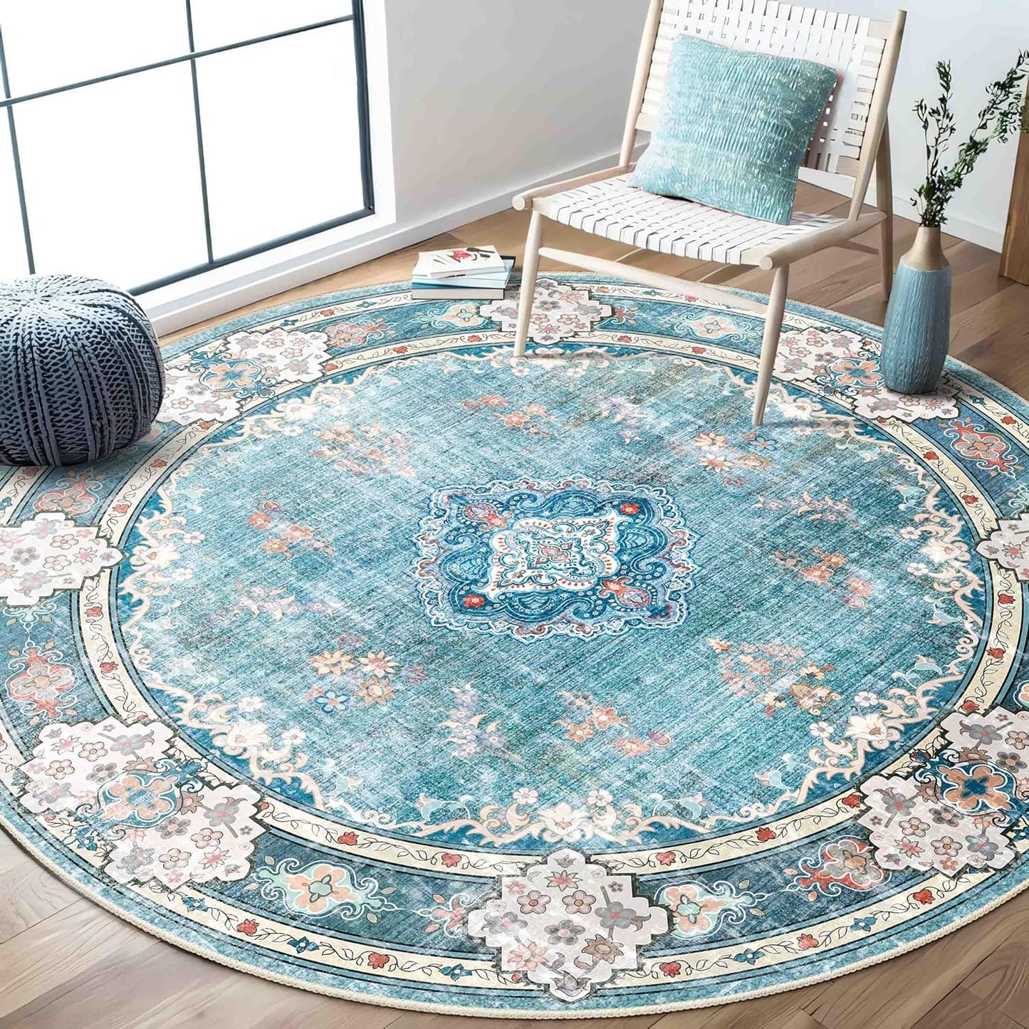 MUJOO Teal Round Rug 6ft - Stylish Washable Area Rug for Home