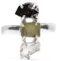 Moldavite Ring with Herkimer Diamond and Black Tourmaline Gemstones