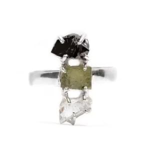 Moldavite Herkimer Black Tourmaline Ring Natural Gemstone Jewelry