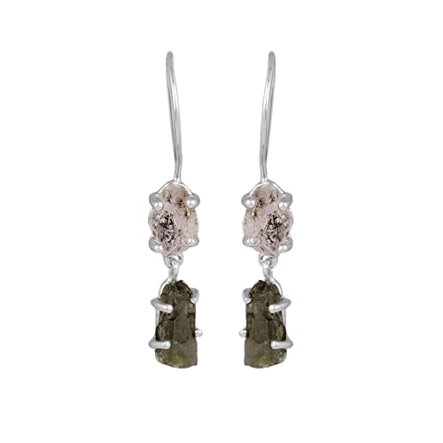Moldavite Rough and Herkimer Diamond Earrings in Silver Setting
