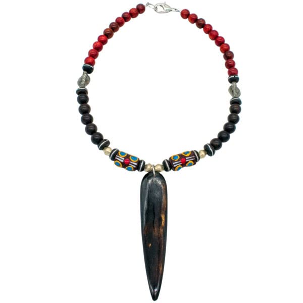 African Maroon and Brown Wood Bead Necklace with Kobo Beads