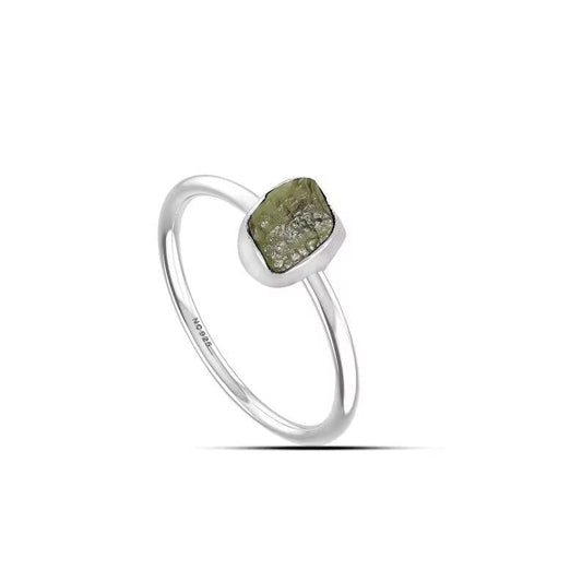Natural Moldavite Rough Ring in 925 Sterling Silver Jewelry