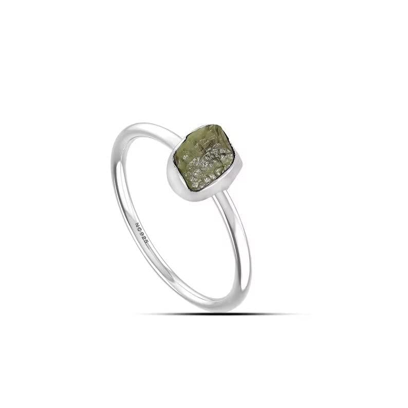 Natural Moldavite Rough Ring in 925 Sterling Silver Jewelry