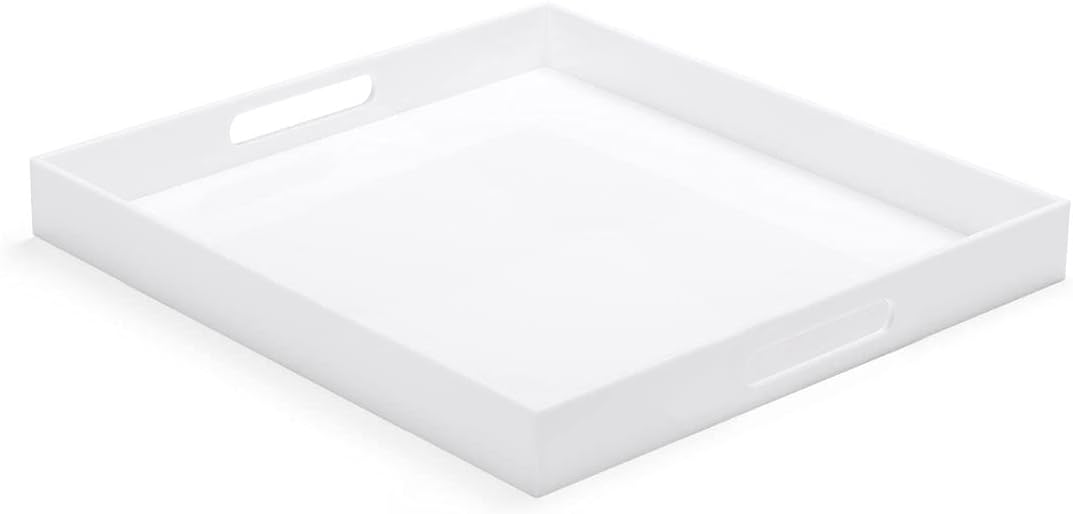 White Acrylic Large Ottoman Tray with Handles for Serving