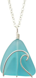 Handmade Hawaii Sea Glass Necklace - Wire Wrapped Ocean Wave Pendant