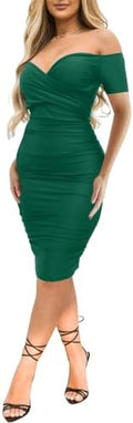 Ekaliy Women's Off The Shoulder Midi Dress Ruched Bodycon - Elegant