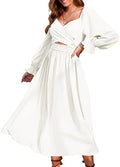 Women Tie Back Long Puff Sleeve Sage Wrap Dress - Reversible Midi