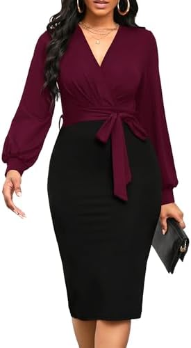Runwind Women's Bodycon Work Pencil Dress with V-Neckline Design