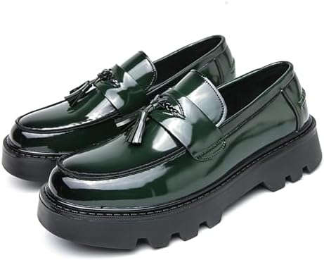 Men's Black Soft Patent Leather Platform Chunky Heel Loafers
