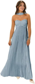 Womens Chiffon Strapless Bridesmaid Dress with Scarf - Long Pleated